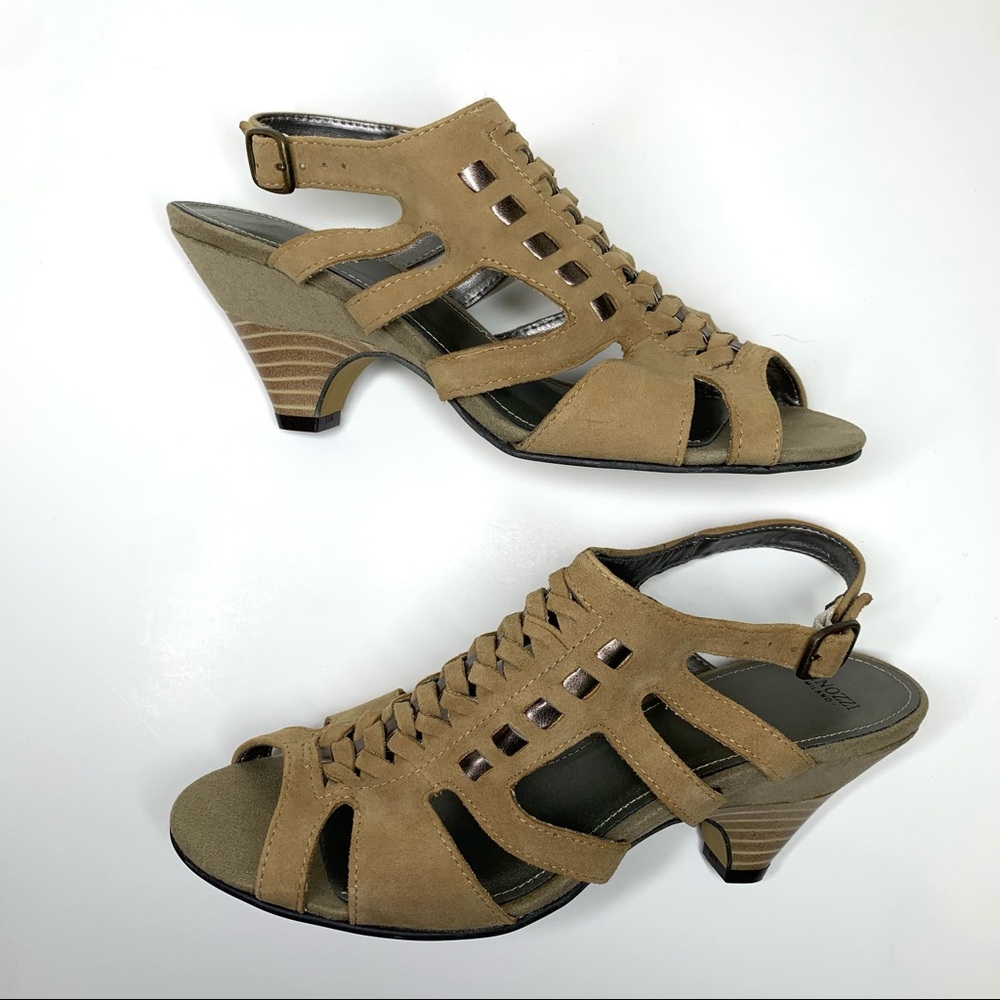 Minozzi Milano Brown Suede Huarache Sandal Braided Peep-Toe Slingback Heel NEW